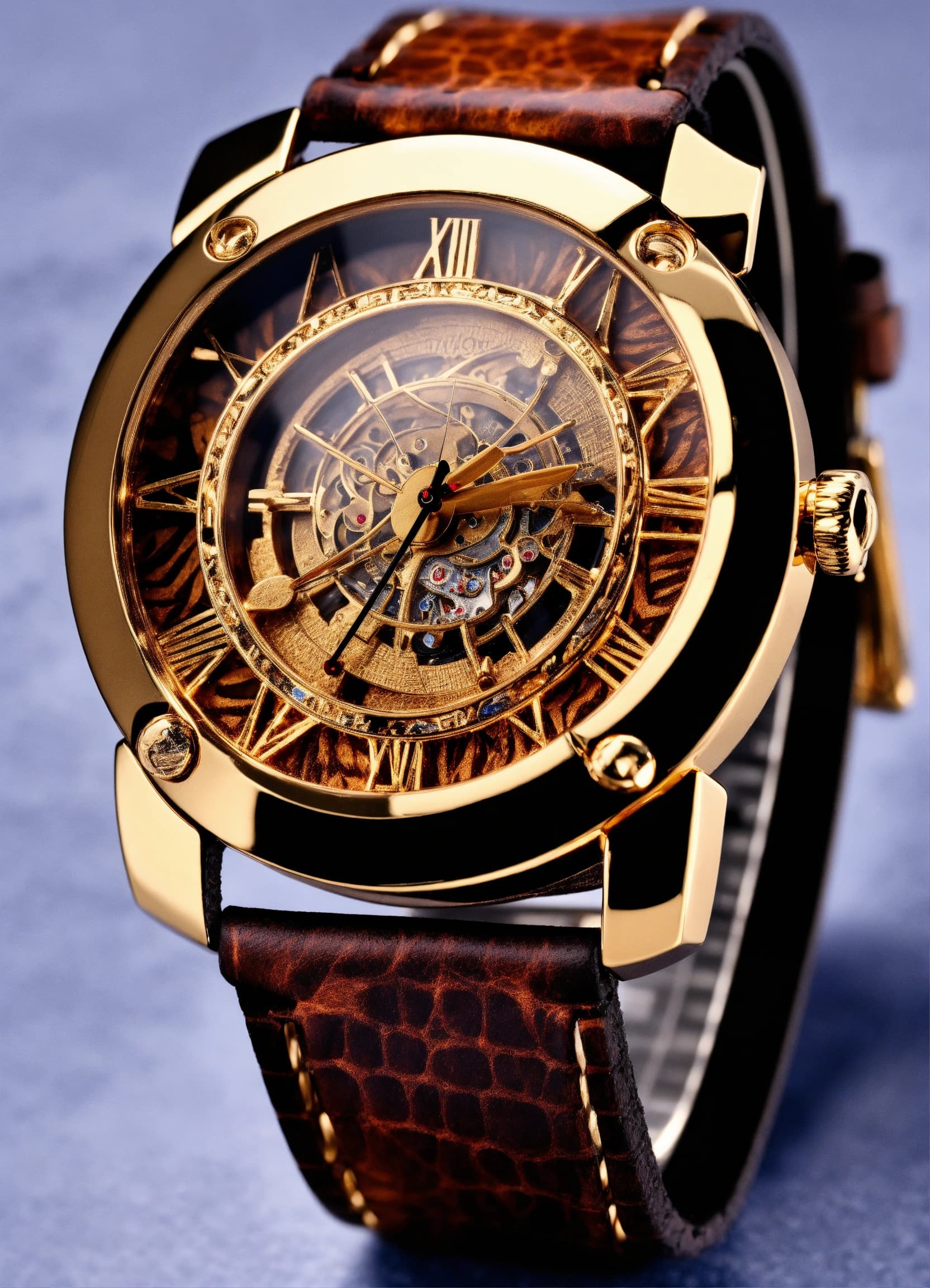 Gold skeleton wrist chronometer on a dark strap
