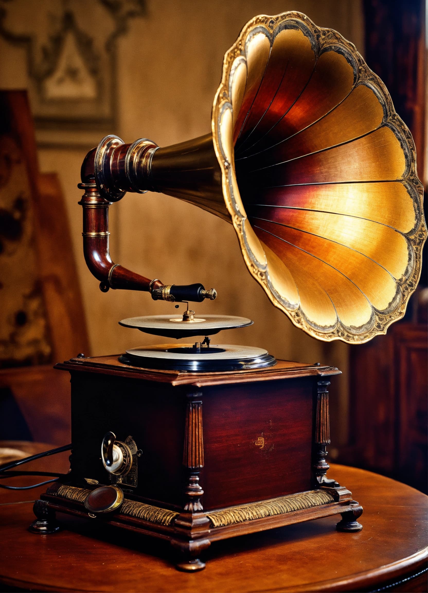 Antique gramophone with golden horn in a wood-paneled room